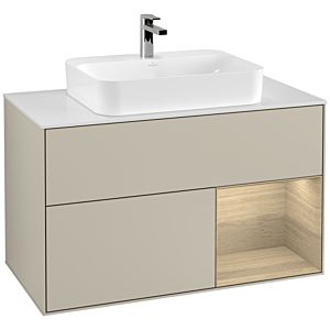 Villeroy und Boch Finion Waschtischunterschrank F371PCHH 100cm, Abdeckplatte white matt, Regal rechts Oak Veneer, Sand Matt Lacquer