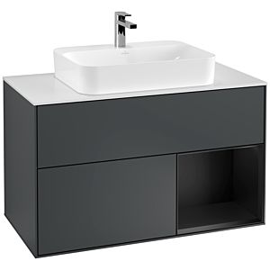 Villeroy et Boch Finion Villeroy et Boch F371PDHG 100cm, plaque de recouvrement blanc mat, étagère à droite laqué noir mat, Midnight Blue Matt Lacquer