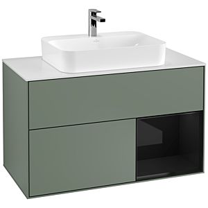 Villeroy und Boch Finion Waschtischunterschrank F371PHGM 100cm, Abdeckplatte white matt, Regal rechts Glossy Black Lacquer, Olive Matt Lacquer
