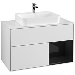Villeroy und Boch Finion Waschtischunterschrank F371PHMT 100cm, Abdeckplatte white matt, Regal rechts Glossy Black Lacquer, White matt lacquer