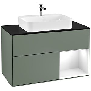 Villeroy et Boch Finion Villeroy et Boch F372GFGM 100cm, plaque de finition noir mat, étagère à droite Laque blanc brillant, Olive Matt Lacquer