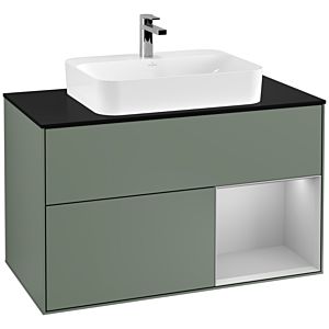 Villeroy und Boch Finion Waschtischunterschrank F372GJGM 100cm, Abdeckplatte black matt, Regal rechts Light grey matt, Olive Matt Lacquer