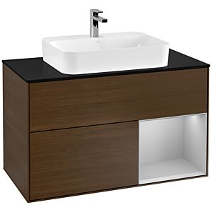 Villeroy und Boch Finion Waschtischunterschrank F372GJGN 100cm, Abdeckplatte black matt, Regal rechts Light grey matt, Walnut veneer