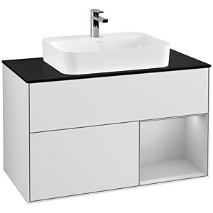 Villeroy und Boch Finion Waschtischunterschrank F372GJMT 100cm, Abdeckplatte black matt, Regal rechts Light grey matt, White matt lacquer