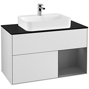 Villeroy et Boch Finion Villeroy et Boch F372GKMT 100cm, plaque de finition noir mat, étagère à droite anthracite mat, laqué blanc mat