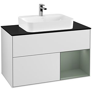 Villeroy und Boch Finion Waschtischunterschrank F372GMMT 100cm, Abdeckplatte black matt, Regal rechts Olive Matt Lacquer, White matt lacquer