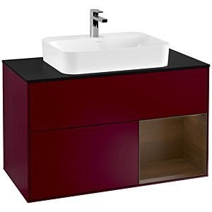 Villeroy und Boch Finion Waschtischunterschrank F372GNHB 100cm, Abdeckplatte black matt, Regal rechts Walnut veneer, Peony Matt
