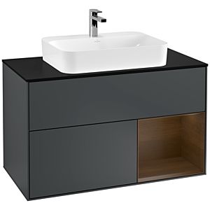 Villeroy und Boch Finion Waschtischunterschrank F372GNHG 100cm, Abdeckplatte black matt, Regal rechts Walnut veneer, Midnight Blue Matt Lacquer