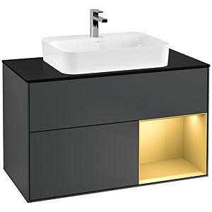 Villeroy und Boch Finion Waschtischunterschrank F372HFHG 100cm, Abdeckplatte black matt, Regal rechts Gold matt, Midnight Blue Matt Lacquer