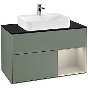 Villeroy und Boch Finion Waschtischunterschrank F372HHGM 100cm, Abdeckplatte black matt, Regal rechts Sand Matt, Olive Matt Lacquer