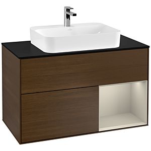 Villeroy und Boch Finion Waschtischunterschrank F372HHGN 100cm, Abdeckplatte black matt, Regal rechts Sand Matt, Walnut veneer