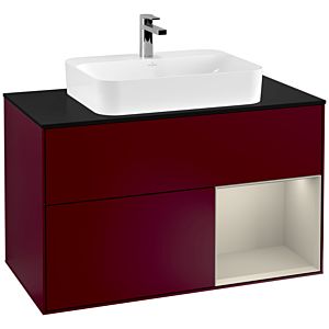 Villeroy und Boch Finion Waschtischunterschrank F372HHHB 100cm, Abdeckplatte black matt, Regal rechts Sand Matt, Peony Matt