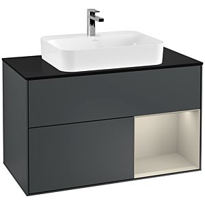 Villeroy und Boch Finion Waschtischunterschrank F372HHHG 100cm, Abdeckplatte black matt, Regal rechts Sand Matt, Midnight Blue Matt Lacquer