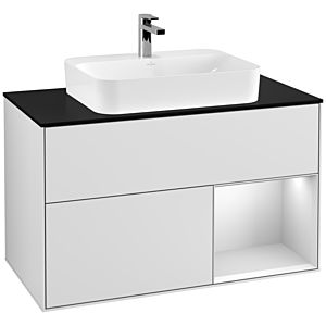 Villeroy et Boch Finion Villeroy et Boch F372MTMT 100cm, plaque de finition noir mat, étagère à droite laqué blanc mat, laqué blanc mat