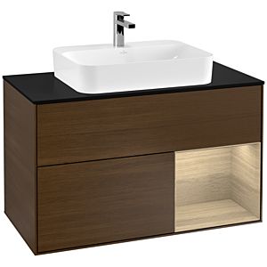 Villeroy und Boch Finion Waschtischunterschrank F372PCGN 100cm, Abdeckplatte black matt, Regal rechts Oak Veneer, Walnut veneer
