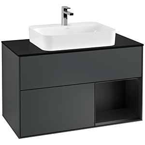 Villeroy und Boch Finion Waschtischunterschrank F372PDHG 100cm, Abdeckplatte black matt, Regal rechts Black matt lacquer, Midnight Blue Matt Lacquer