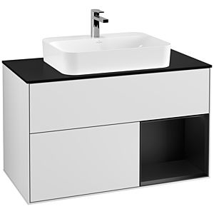 Villeroy et Boch Finion Villeroy et Boch F372PDMT 100cm, plaque de finition noir mat, étagère à droite laqué noir mat, laqué blanc mat