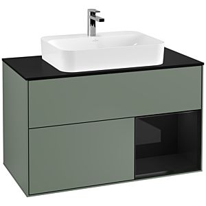 Villeroy und Boch Finion Waschtischunterschrank F372PHGM 100cm, Abdeckplatte black matt, Regal rechts Glossy Black Lacquer, Olive Matt Lacquer