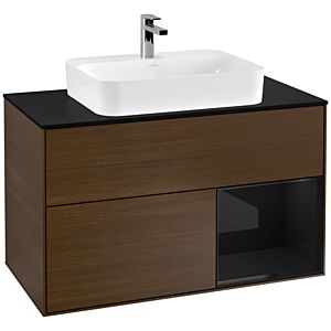 Villeroy und Boch Finion Waschtischunterschrank F372PHGN 100cm, Abdeckplatte black matt, Regal rechts Glossy Black Lacquer, Walnut veneer