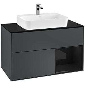 Villeroy und Boch Finion Waschtischunterschrank F372PHHG 100cm, Abdeckplatte black matt, Regal rechts Glossy Black Lacquer, Midnight Blue Matt Lacquer