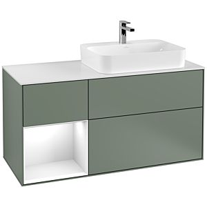 Villeroy und Boch Finion Waschtischunterschrank F391GFGM 120cm, Abdeckplatte white matt, Regal links Glossy white lacquer, Olive Matt Lacquer