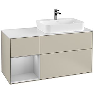Villeroy und Boch Finion Waschtischunterschrank F391GJHH 120cm, Abdeckplatte white matt, Regal links Light grey matt, Sand Matt Lacquer