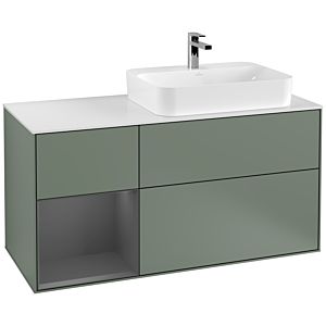 Villeroy und Boch Finion Waschtischunterschrank F391GKGM 120cm, Abdeckplatte white matt, Regal links Anthracite matt, Olive Matt Lacquer