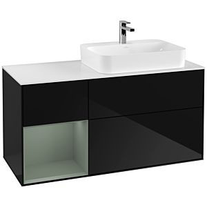 Villeroy und Boch Finion Waschtischunterschrank F391GMPH 120cm, Abdeckplatte white matt, Regal links Olive Matt Lacquer, Glossy Black Lacquer