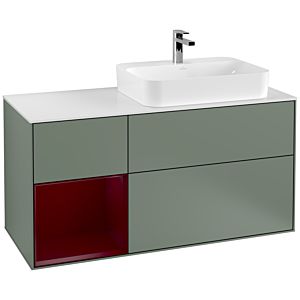 Villeroy und Boch Finion Waschtischunterschrank F391HBGM 120cm, Abdeckplatte white matt, Regal links Peony, Olive Matt Lacquer