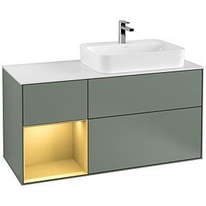 Villeroy und Boch Finion Waschtischunterschrank F391HFGM 120cm, Abdeckplatte white matt, Regal links Gold matt, Olive Matt Lacquer