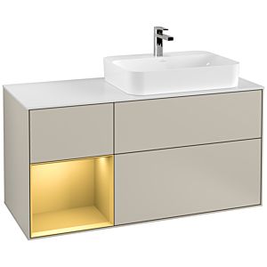 Villeroy und Boch Finion Waschtischunterschrank F391HFHH 120cm, Abdeckplatte white matt, Regal links Gold matt, Sand Matt Lacquer
