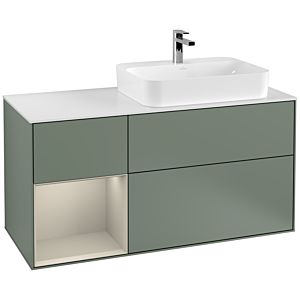 Villeroy und Boch Finion Waschtischunterschrank F391HHGM 120cm, Abdeckplatte white matt, Regal links Sand Matt Lacquer, Olive Matt Lacquer