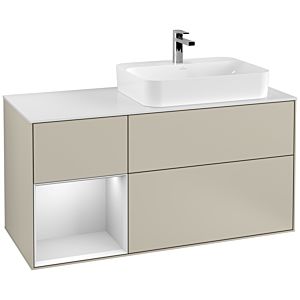 Villeroy und Boch Finion Waschtischunterschrank F391MTHH 120cm, Abdeckplatte white matt, Regal links White matt lacquer, Sand Matt Lacquer