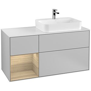 Villeroy und Boch Finion Waschtischunterschrank F391PCGJ 120cm, Abdeckplatte white matt, Regal links Oak Veneer, Light grey matt