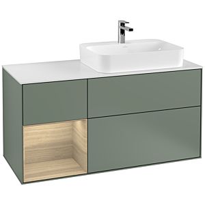 Villeroy und Boch Finion Waschtischunterschrank F391PCGM 120cm, Abdeckplatte white matt, Regal links Oak Veneer, Olive Matt Lacquer