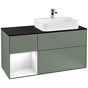 Villeroy und Boch Finion Waschtischunterschrank F392GFGM 120cm, Abdeckplatte black matt, Regal links Glossy white lacquer, Olive Matt Lacquer