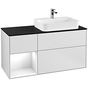 Villeroy und Boch Finion Waschtischunterschrank F392GFMT 120cm, Abdeckplatte black matt, Regal links Glossy white lacquer, White matt lacquer