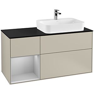 Villeroy und Boch Finion Waschtischunterschrank F392GJHH 120cm, Abdeckplatte black matt, Regal links Light grey matt, Sand Matt Lacquer