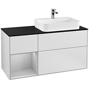 Villeroy und Boch Finion Waschtischunterschrank F392GJMT 120cm, Abdeckplatte black matt, Regal links Light grey matt, White matt lacquer