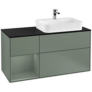 Villeroy und Boch Finion Waschtischunterschrank F392GMGM 120cm, Abdeckplatte black matt, Regal links Olive Matt Lacquer, Olive Matt Lacquer