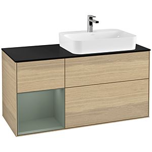 Villeroy und Boch Finion Waschtischunterschrank F392GMPC 120cm, Abdeckplatte black matt, Regal links Olive Matt Lacquer, Oak Veneer