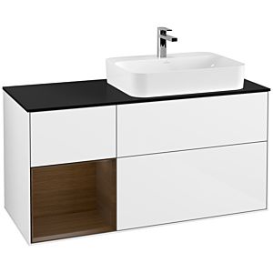 Villeroy et Boch Finion Villeroy et Boch F392GNGF 120cm, plaque de finition noir mat, étagère gauche placage noyer, laqué blanc brillant
