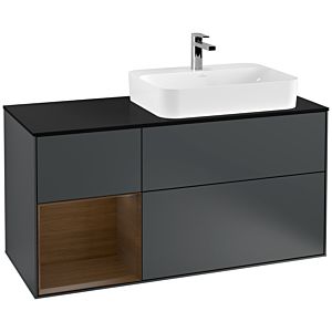 Villeroy und Boch Finion Waschtischunterschrank F392GNHG 120cm, Abdeckplatte black matt, Regal links Walnut veneer, Midnight Blue Matt Lacquer