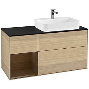 Villeroy und Boch Finion Waschtischunterschrank F392GNPC 120cm, Abdeckplatte black matt, Regal links Walnut veneer, Oak Veneer