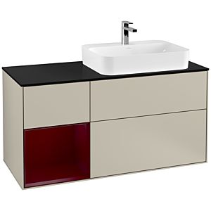 Villeroy und Boch Finion Waschtischunterschrank F392HBHH 120cm, Abdeckplatte black matt, Regal links Peony, Sand Matt Lacquer