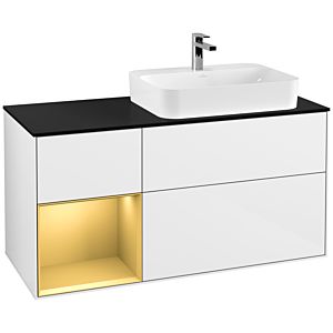 Villeroy und Boch Finion Waschtischunterschrank F392HFGF 120cm, Abdeckplatte black matt, Regal links Gold matt, Glossy white lacquer