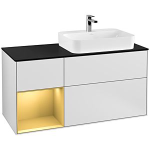 Villeroy und Boch Finion Waschtischunterschrank F392HFMT 120cm, Abdeckplatte black matt, Regal links Gold matt, White matt lacquer
