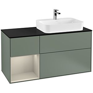 Villeroy und Boch Finion Waschtischunterschrank F392HHGM 120cm, Abdeckplatte black matt, Regal links Sand Matt Lacquer, Olive Matt Lacquer