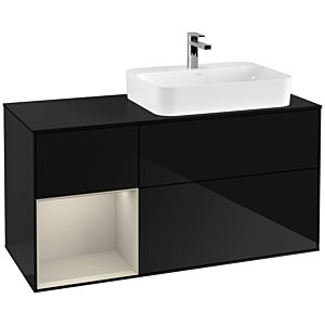 Villeroy und Boch Finion Waschtischunterschrank F392HHPH 120cm, Abdeckplatte black matt, Regal links Sand Matt Lacquer, Glossy Black Lacquer