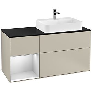 Villeroy und Boch Finion Waschtischunterschrank F392MTHH 120cm, Abdeckplatte black matt, Regal links White matt lacquer, Sand Matt Lacquer